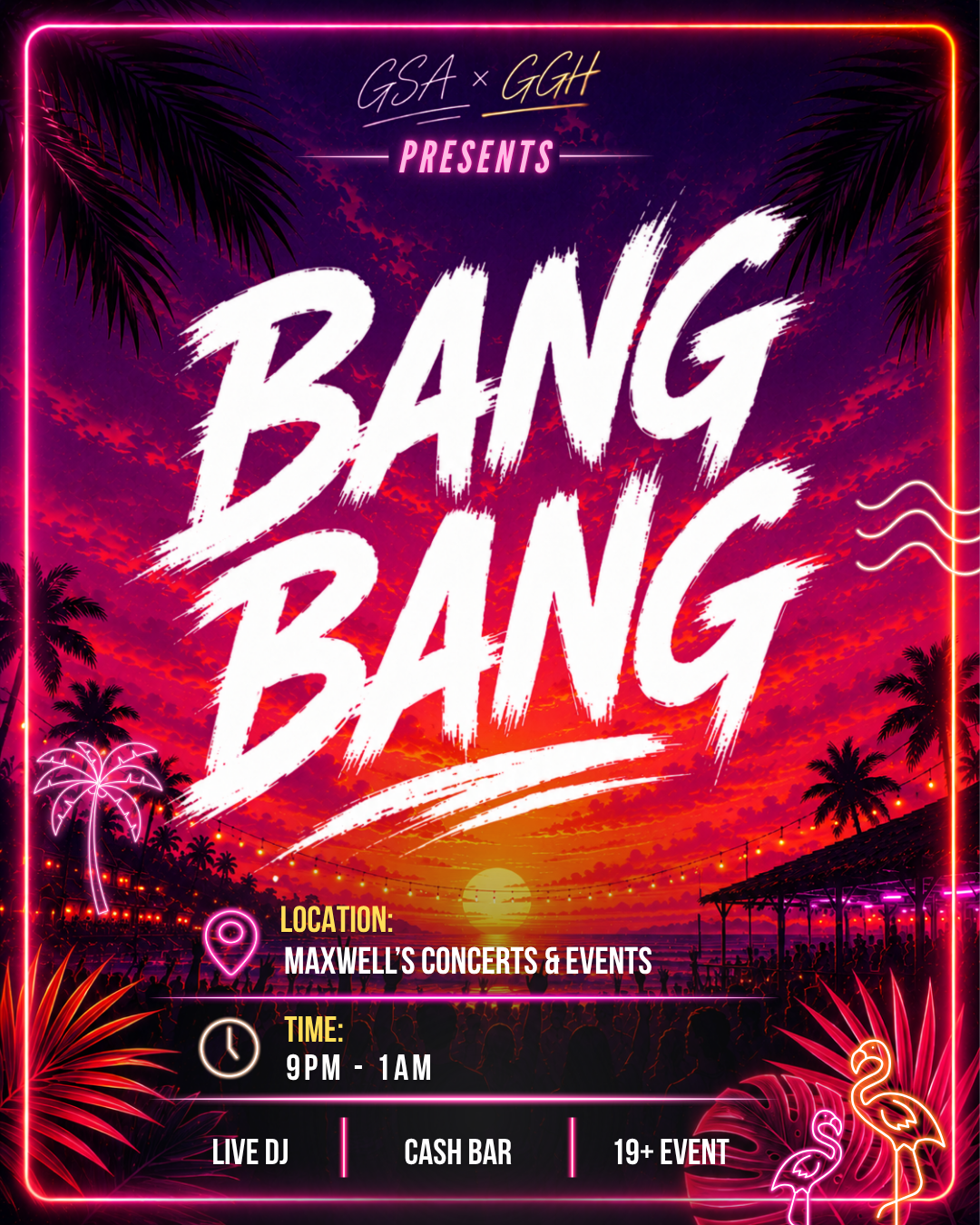 Tropical concert poster with "Bang Bang" text, neon palm trees, sunset, and event details in bold white font.
