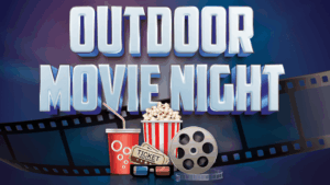 Text "Outdoor Movie Night" with popcorn, drinks, film reel, and tickets set against a vibrant, filmstrip-themed background—perfect for an outdoor movie night event.