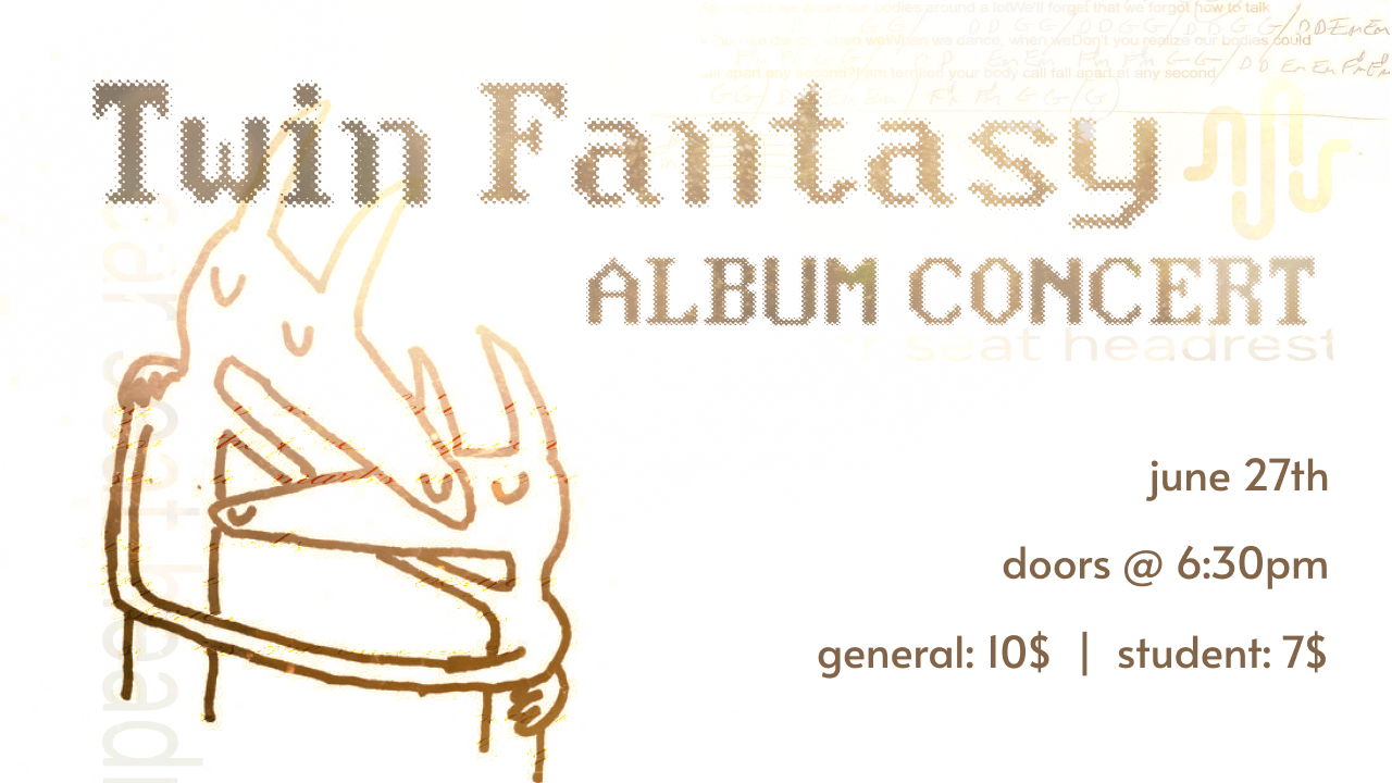 Poster for "Twin Fantasy Album Concert," featuring two abstract figures hugging and Spring 2026 Concert details on the right side.