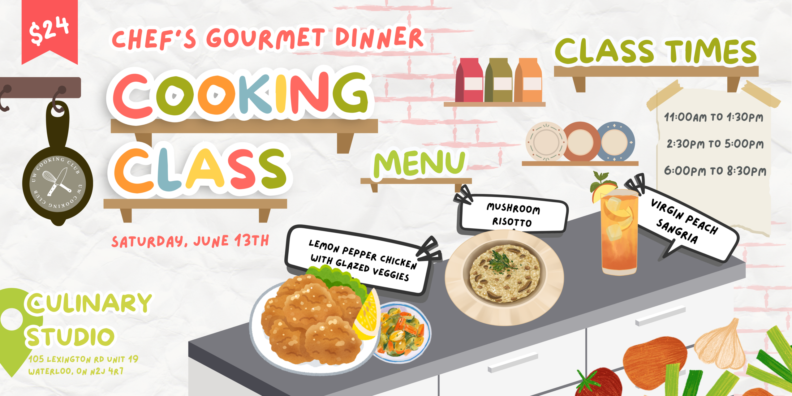 Colorful Cooking Class poster featuring class times, menu items, and illustrated dishes, all set in a vibrant kitchen theme—perfect for promoting your next gourmet night!.