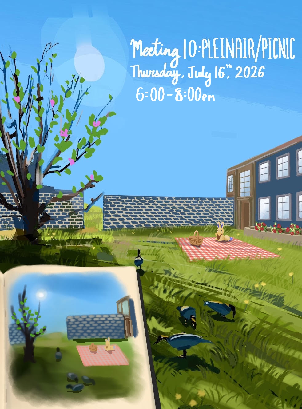 Digital illustration of a picnic setup on grass in Waterloo Park, featuring a sketchbook and event details for the UWVAC Pleinair session on July 16, 2026.