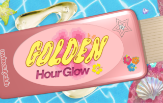 A pink makeup palette labeled "GOLDEN Hour Glow" sits poolside with shells and flowers, capturing the radiance of golden hour—perfect to pair with your favorite body oil for an extra luminous look.