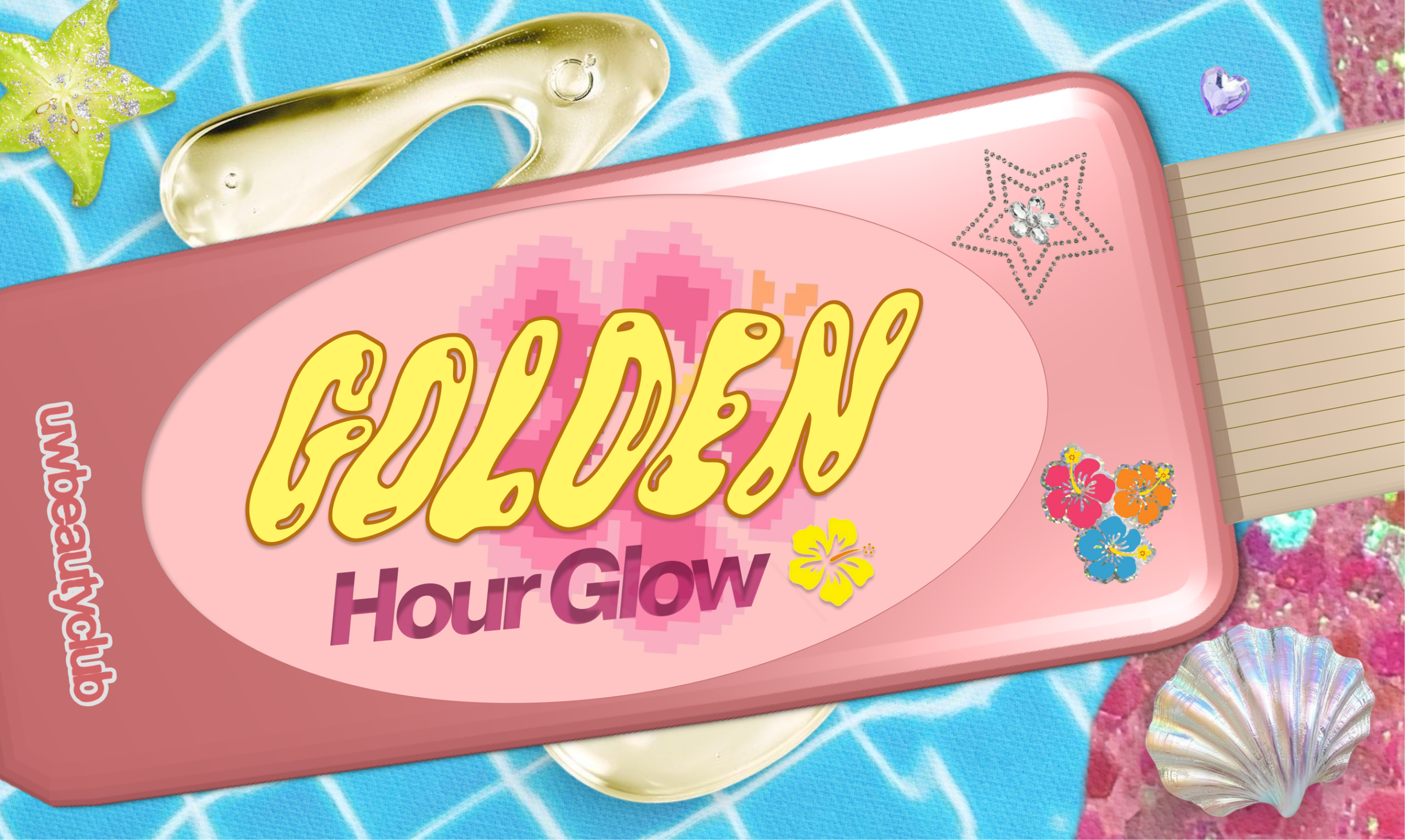 A pink makeup palette labeled "GOLDEN Hour Glow" sits poolside with shells and flowers, capturing the radiance of golden hour—perfect to pair with your favorite body oil for an extra luminous look.