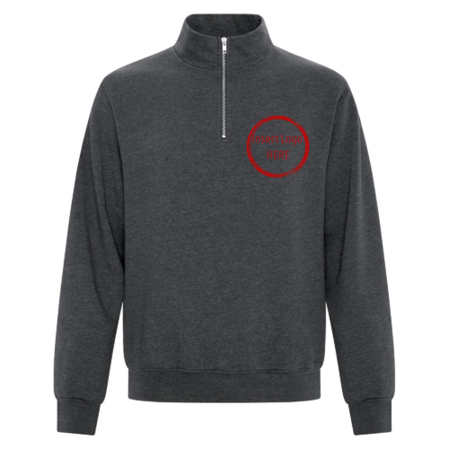 The Waterloo Orientation - Quarter Zip Sweatshirt is a dark grey quarter zip featuring a red circular placeholder logo on the left chest—perfect for showcasing your Waterloo Orientation spirit.