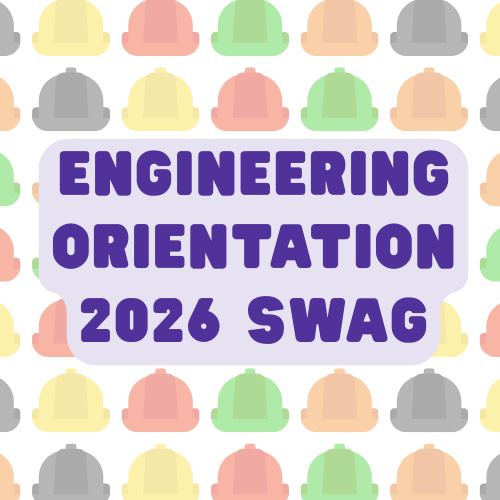 Featuring the "Waterloo Orientation - Engineering - Media/Huge/Edcom Gear" product, this design displays the text "ENGINEERING ORIENTATION 2026 SWAG" atop a vibrant background of colorful hard hats, capturing the energetic spirit of Waterloo Orientation and highlighting essential Edcom Gear for new Engineering students.