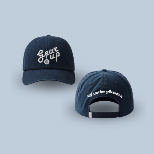 Check out the UW Aviation Society - Gear Up Hats: two navy blue aviation hats featuring "Gear Up" embroidered on the front and "Waterloo Aviation" above an adjustable strap on the back. These are perfect for any UW Aviation Society member or aviation enthusiast!.