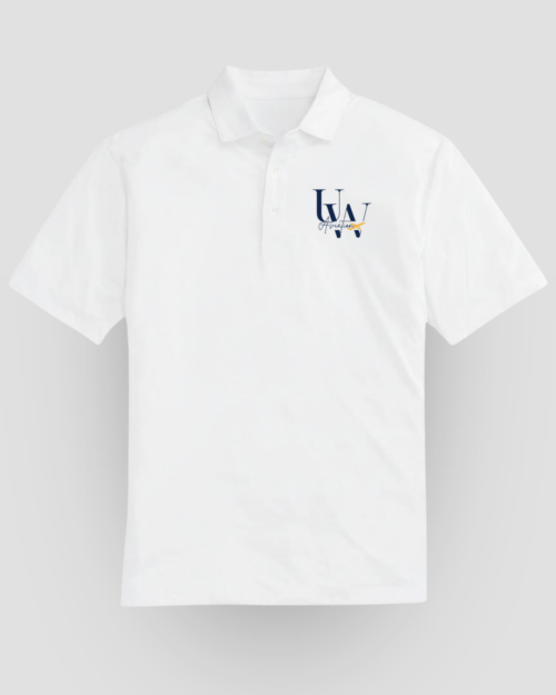 UW Aviation Society - White Polo Shirt showcasing a blue "UW" logo and a small yellow triangle on the left chest, ideal for members of the UW Aviation Society or those looking for classic Aviation Club Apparel. Presented on a light gray background.