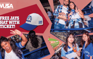 Students at a baseball game, holding food and drinks, with promo text for a free Jays hat with ticket purchase on Blue Jays College Night.