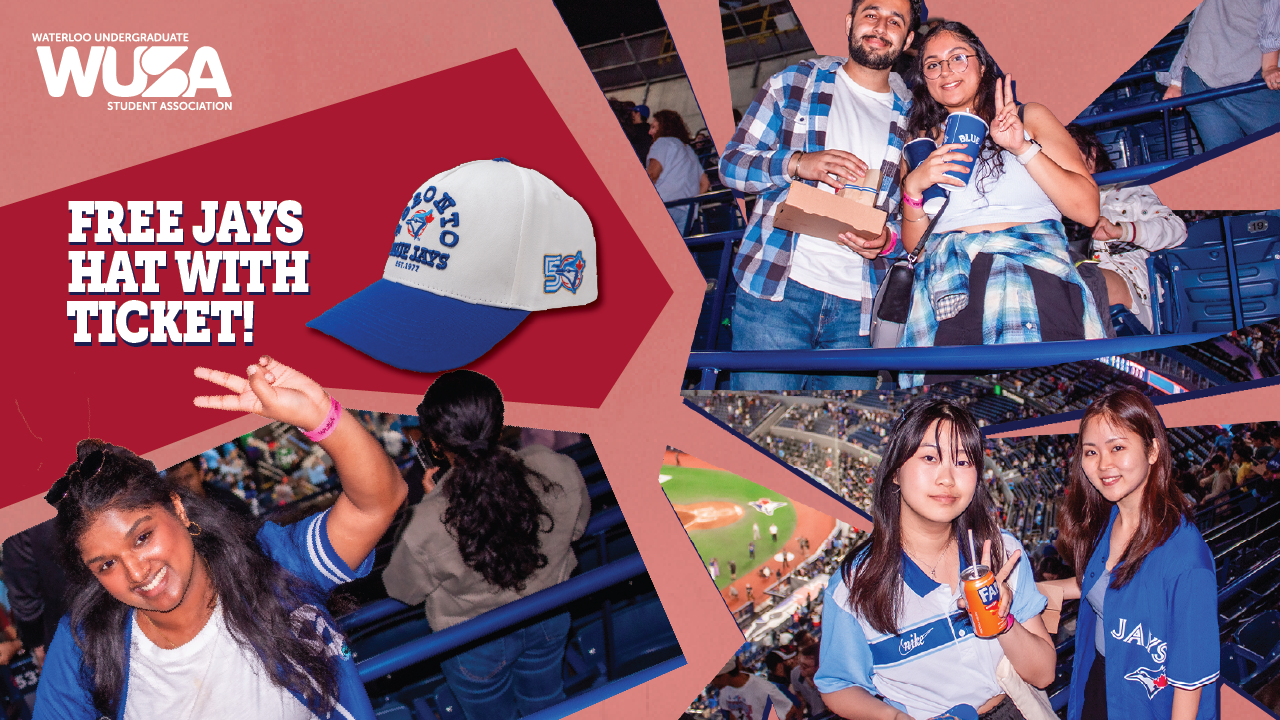 Students at a baseball game, holding food and drinks, with promo text for a free Jays hat with ticket purchase on Blue Jays College Night.