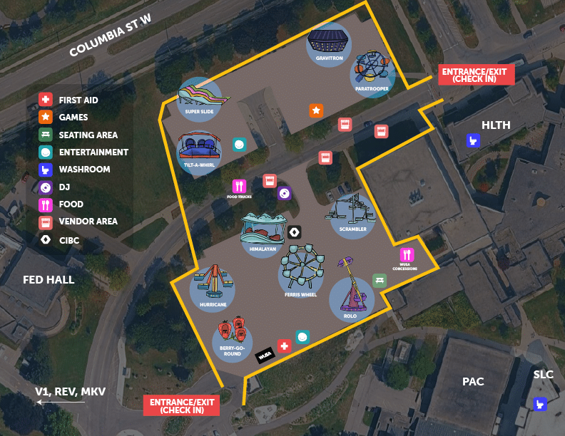 Event map with labeled rides, amenities, and entrances, outlined in yellow on an aerial campus view—perfect for navigating the Welcome Week Carnival.