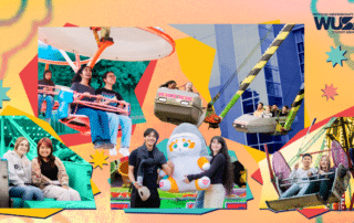 Students enjoy Carnival rides and games outdoors during Welcome Week, smiling and laughing as bright, colorful graphics surround them at the lively WUSA event.