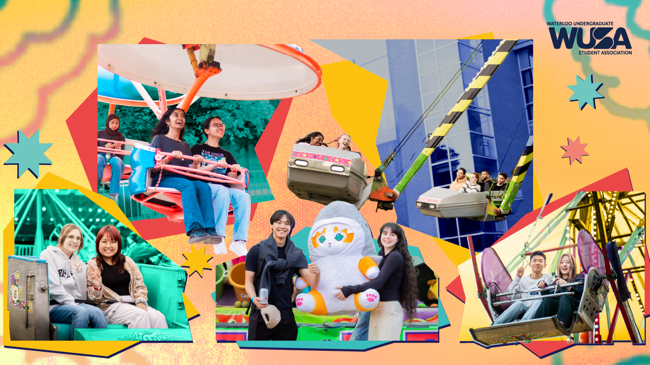 Students enjoy Carnival rides and games outdoors during Welcome Week, smiling and laughing as bright, colorful graphics surround them at the lively WUSA event.