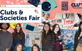 Students posing by club booths at a vibrant fair, with a “Clubs & Societies Fair” banner and eye-catching promotional graphics.