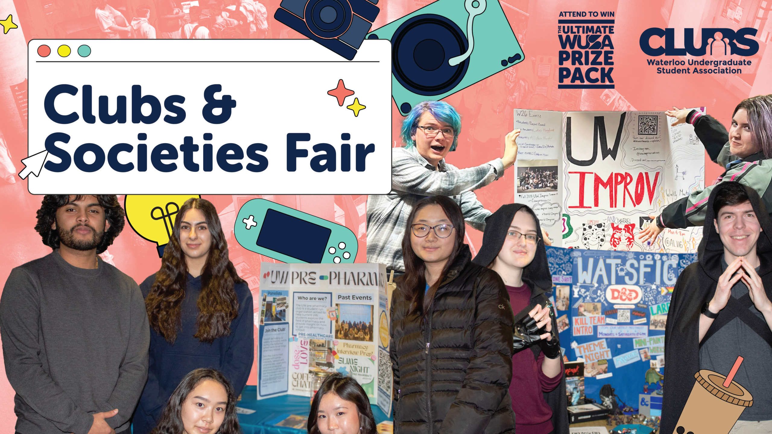 Students posing by club booths at a vibrant fair, with a “Clubs & Societies Fair” banner and eye-catching promotional graphics.