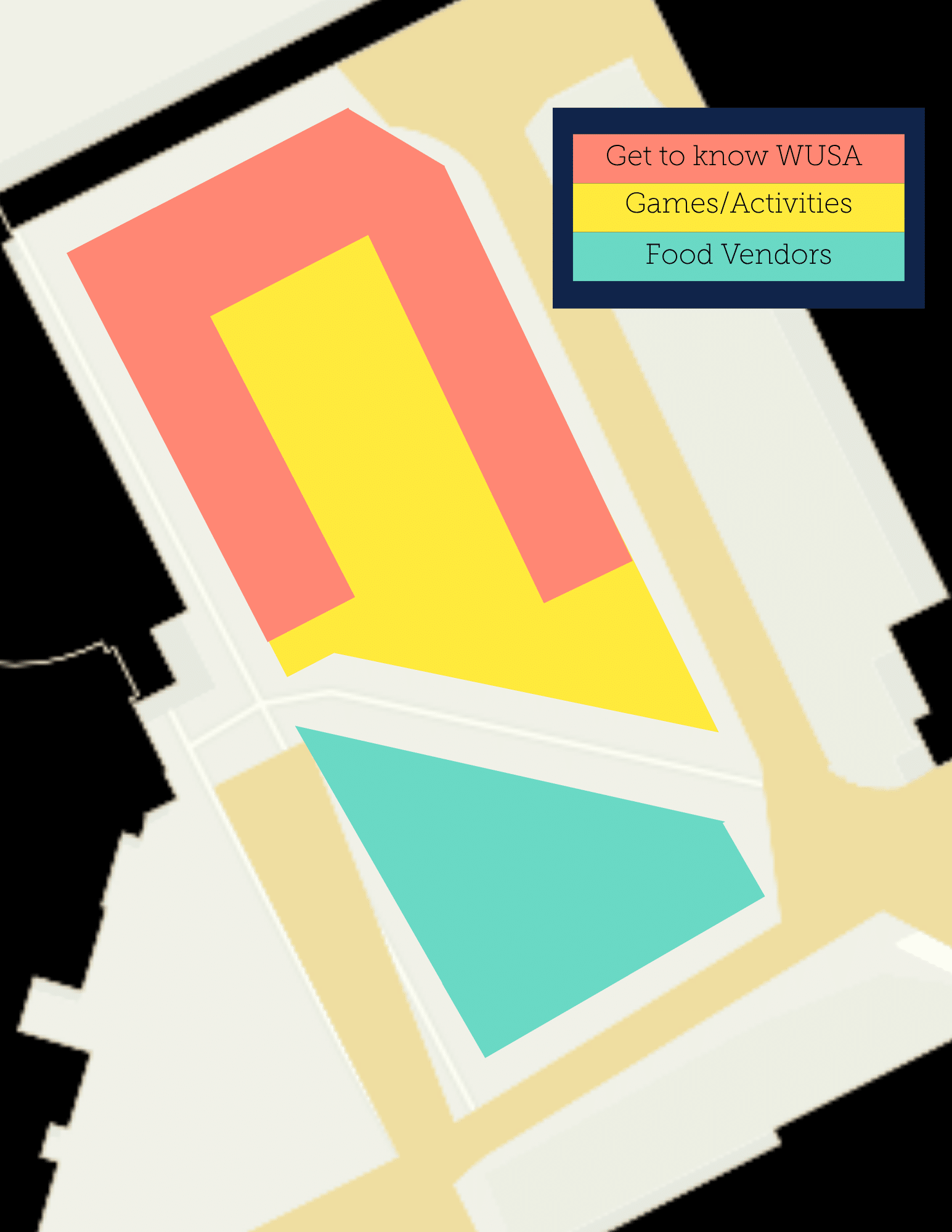 Event map showing areas for WUSA info (red), games/activities (yellow), and food vendors—perfect for navigating the First Year Fair or any student fair on campus.