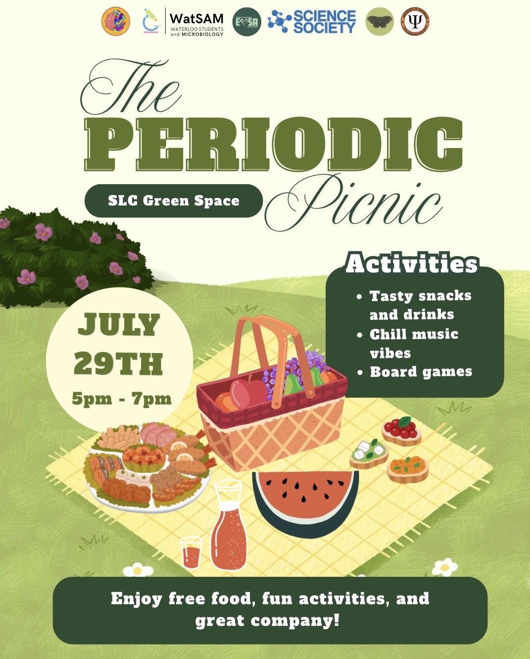 A vibrant picnic flyer featuring a basket, watermelon, delicious food, and event details for "The Periodic Picnic" hosted by UWEUSA on July 29th.