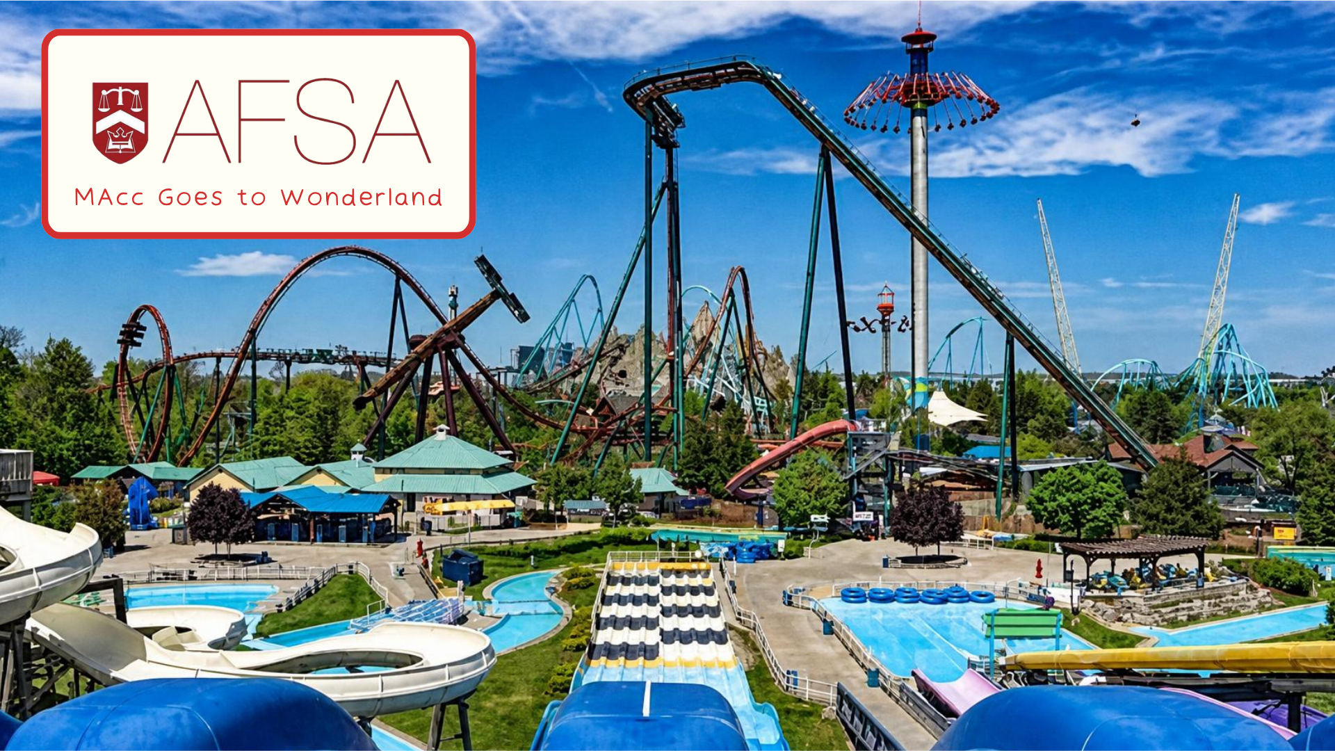 A vibrant theme park with thrilling roller coasters, sparkling pools, and the MAcc Goes to Wonderland logo in the corner, capturing the magic of Wonderland.