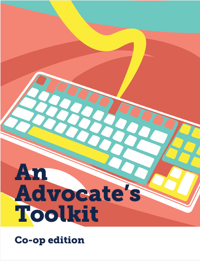 A colorful keyboard illustration with text: "An Advocate’s Toolkit, Co-op edition.