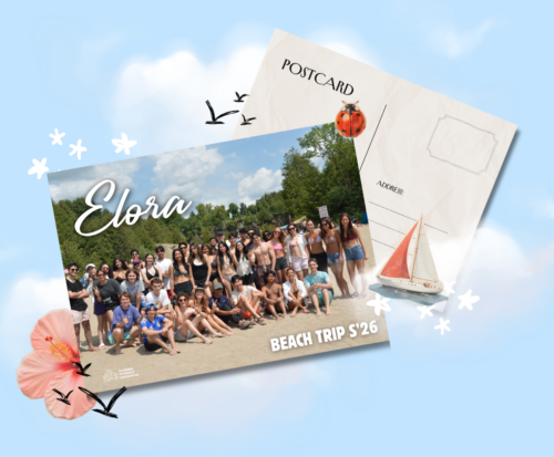 Group photo of friends posing on the sandy Elora Beach, featured on a PSA - Elora Beach Trip S'26 Postcard adorned with vibrant summer-themed decorations.