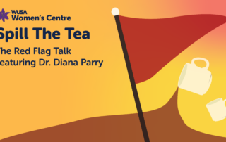 A vibrant red flag features two mugs tipping over, perfectly capturing the spirit of the upcoming "Spill The Tea" Red Flag Talk by Dr. Diana Parry.