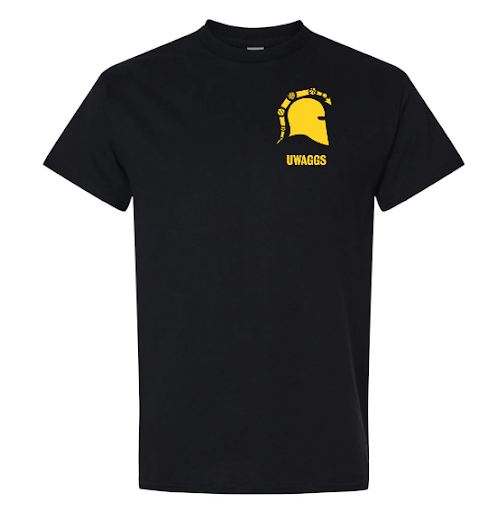 UWAGGS - T-Shirt in black, showcasing a yellow Spartan helmet and "UWAGG" text on the left chest.