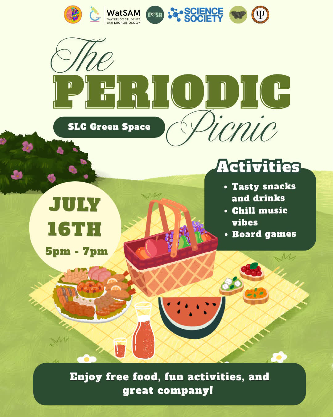 A picnic scene with a basket, watermelon, snacks, and charming decorations sets the stage for The Periodic Picnic on July 16th. Join us for this special gathering and experience the joy of outdoor dining at our Periodic Picnic event.