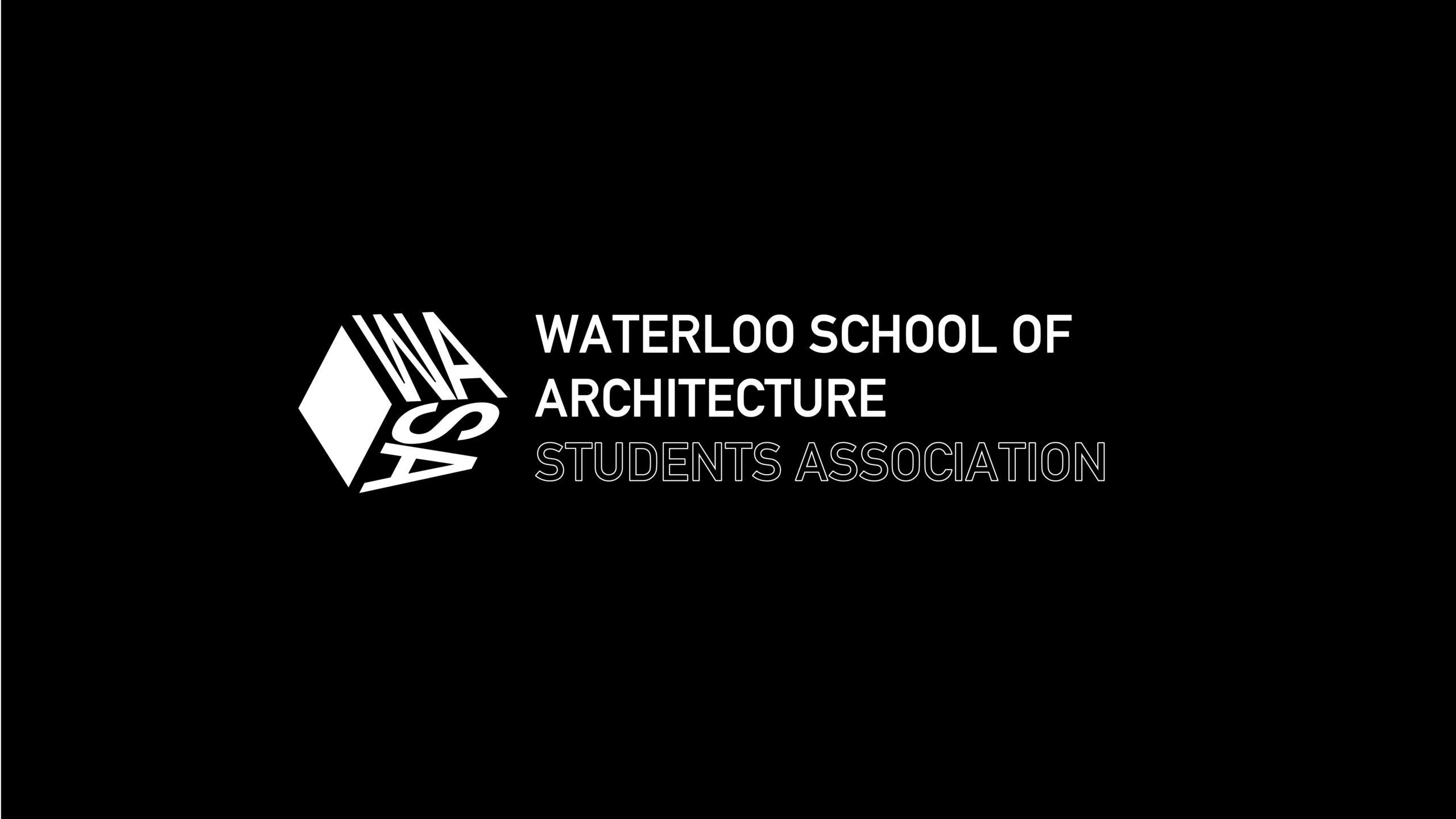 White "Waterloo School of Architecture Students Association" logo on a black background, celebrating the upcoming Architecture Grad Dinner.