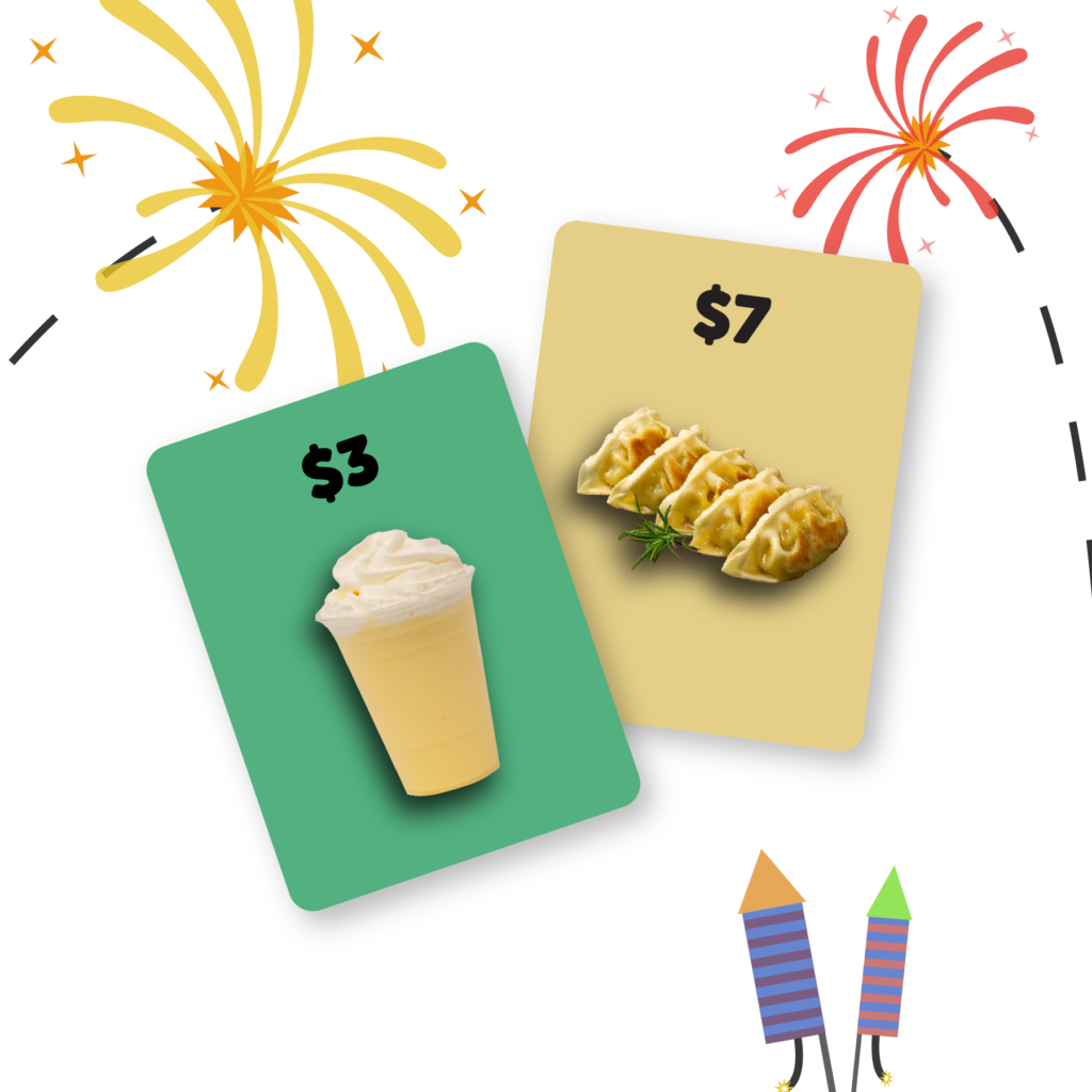 Web_July S26 Deals $3 drink and $7 dumplings on colorful cards with fireworks and two rockets in the background.