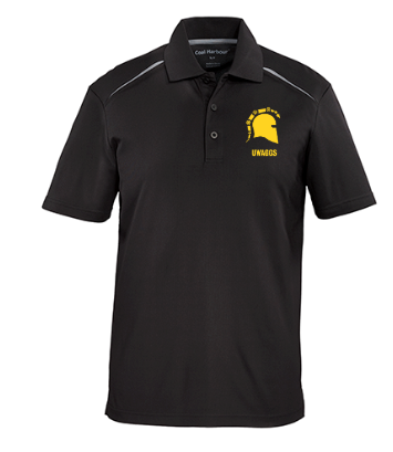 UWAGGS - Polo Shirt Style B, featuring a bold yellow Spartan helmet and the "UWAGGS" logo on the left chest.