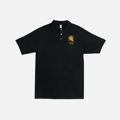 UWAGGS - Polo Shirt Style A in black, featuring a yellow embroidered logo and "BRAVOOS" text on the left chest, shown on a white background.