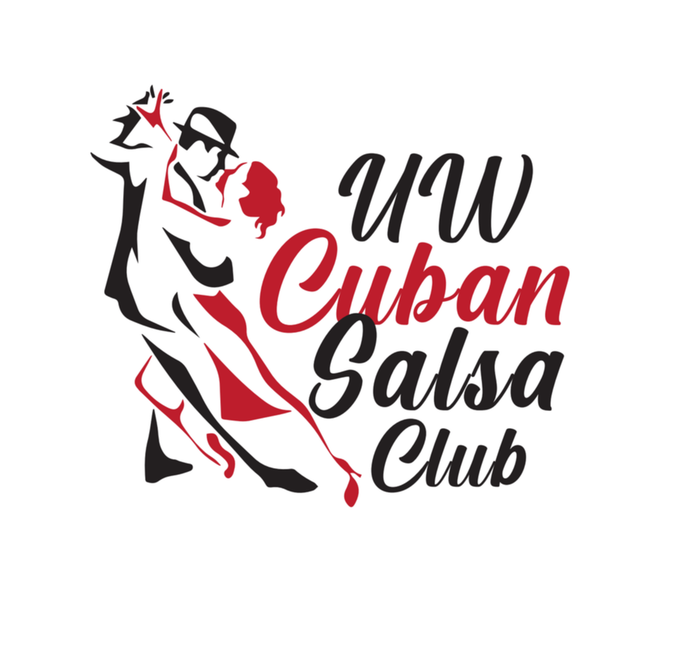 Stylized couple dancing salsa next to text reading "UW Cuban Salsa Club" in black and red on white background, capturing the vibrant spirit of Latin Night at Grad House.