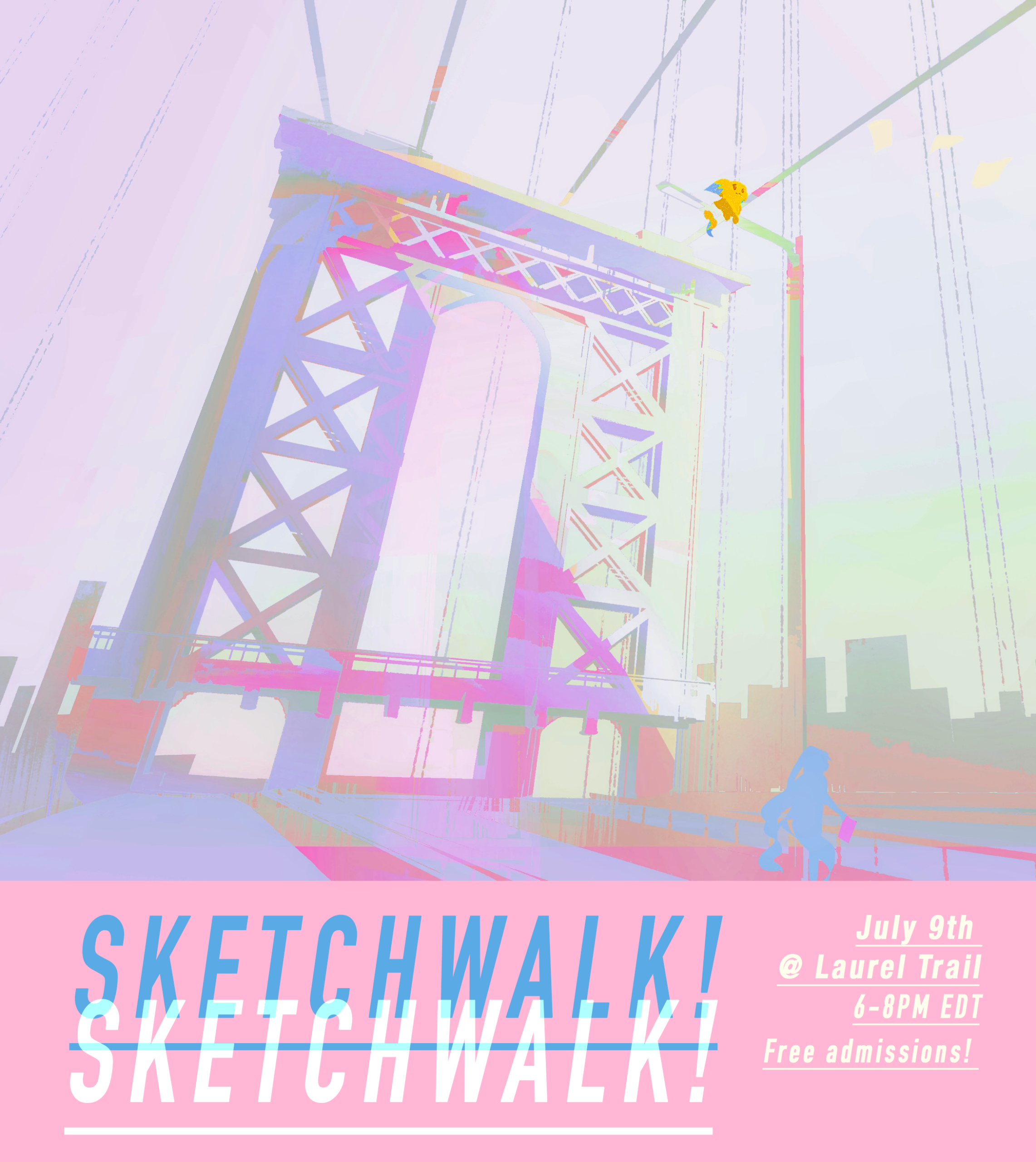 Pastel illustration of a bridge with event text: "Sketchwalk! July 9th @ Laurel Trail, 6-8PM EDT. Free admission!" Hosted by UW Visual Arts Club.