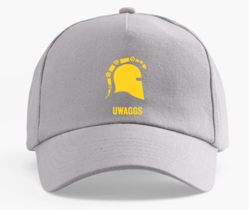 The UWAGGS - Baseball Cap showcases a stylish gray color, highlighted by a striking yellow Spartan helmet logo and the "UWAGGS" text prominently on the front.