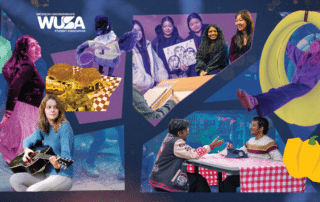 Collage of students eating, playing music, chatting, and posing together, with playful fruit and burger graphics.
