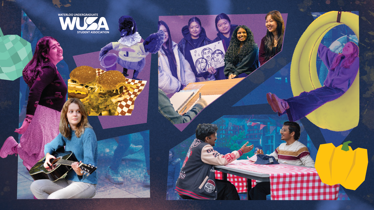 Collage of students eating, playing music, chatting, and posing together, with playful fruit and burger graphics.