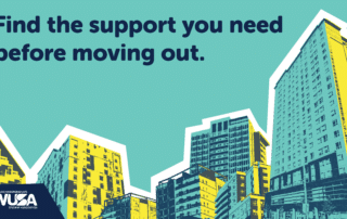 Find the support you need before moving out—plus tips on essential moving supplies and your moving checklist. Stylized city buildings in yellow and teal. WUSA logo.