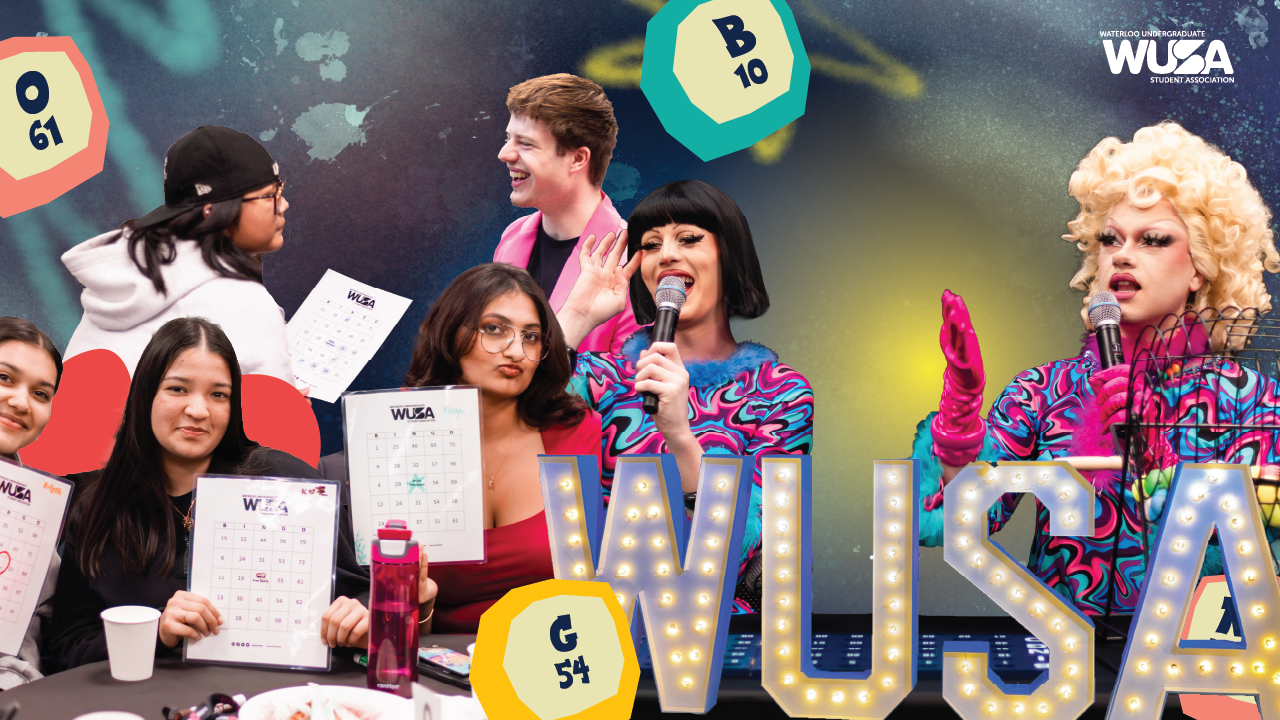 Drag queens host Sex Toy Bingo as students play and hold cards; colorful bingo balls and WUSA logo are visible.