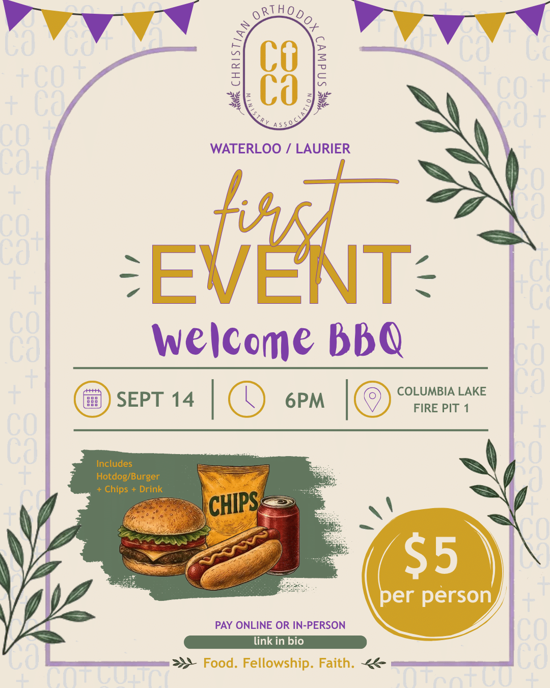 Poster for COCA’s Welcome BBQ church campus event featuring mouthwatering food images, with date, time, location, and $5 entry details included.