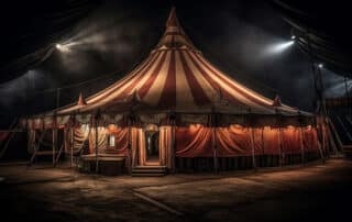 A large, red-and-yellow striped circus tent glows warmly under spotlights in a dark, empty area, setting the perfect stage for Ringmaster’s Revenge—the thrilling new circus game from OCC.
