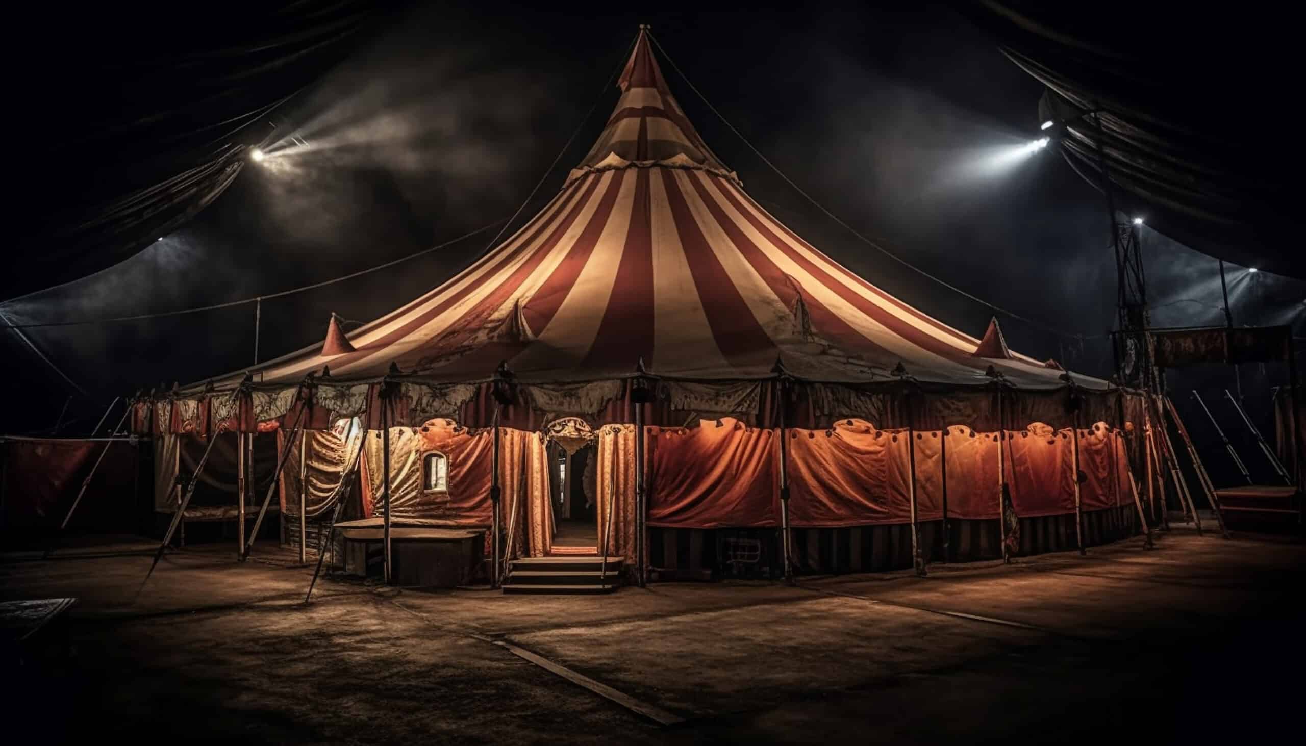 A large, red-and-yellow striped circus tent glows warmly under spotlights in a dark, empty area, setting the perfect stage for Ringmaster’s Revenge—the thrilling new circus game from OCC.