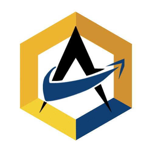 A stylized letter “A” with a blue swoosh inside a yellow and blue hexagon, representing the UW ACE Chapter - Delegate Membership and embodying its spirit.