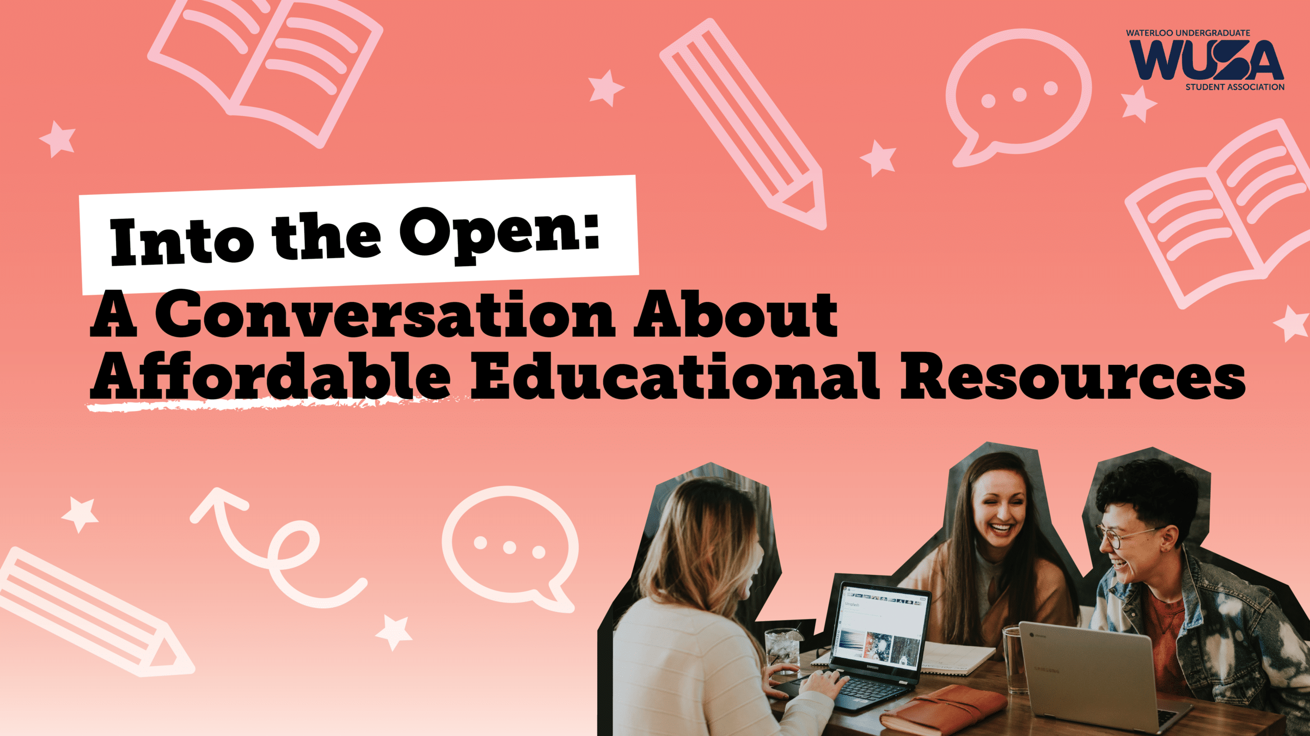 Students discuss educational resources at a table; text promotes an education conversation event focused on affordable education and open educational resources.