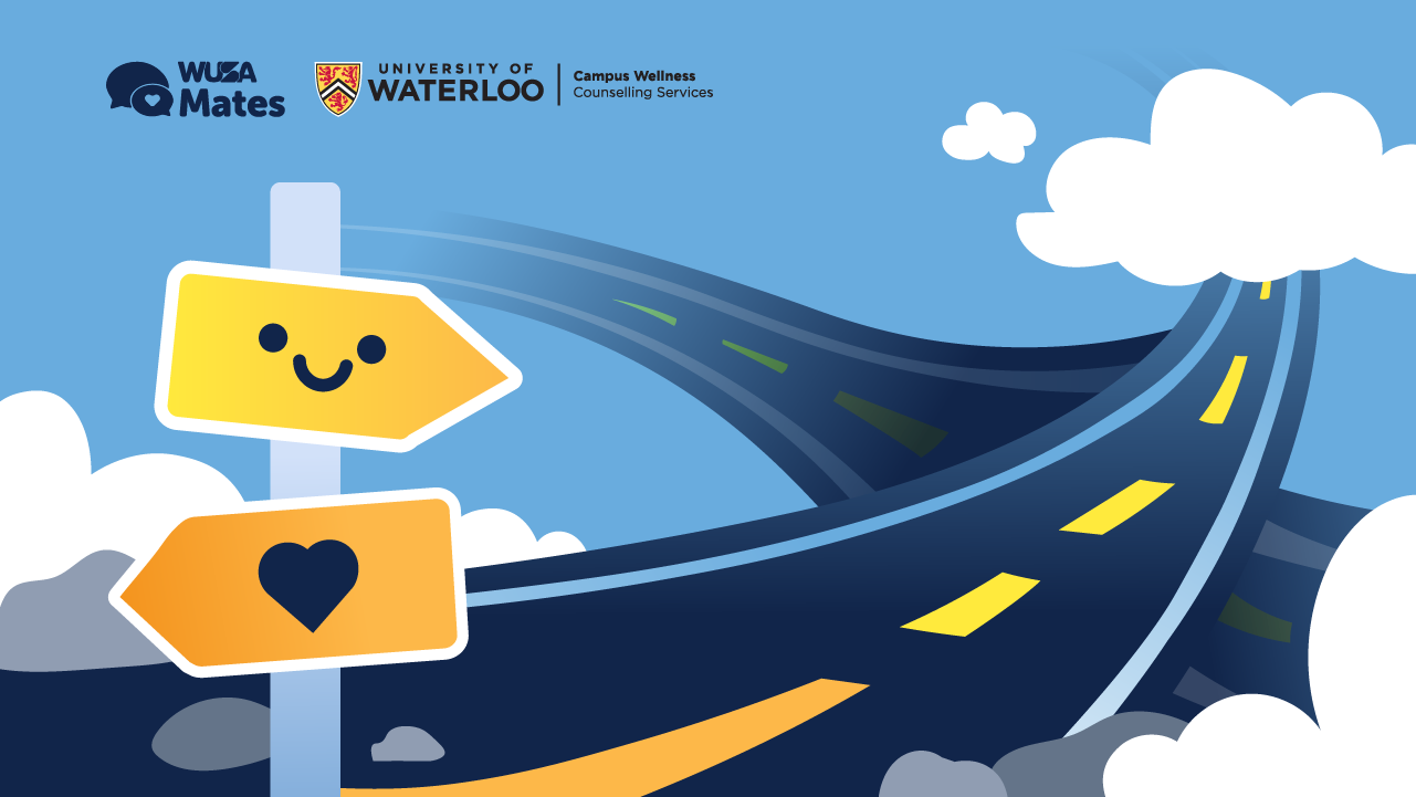University of Waterloo Campus Wellness signpost with a happy face and heart, offering help overcoming procrastination.