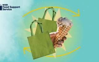 A hand holds an ice cream cone next to two green tote bags, featuring the “WUSA Food Support Service” text—get a scoop of support or give a bag with FSS.