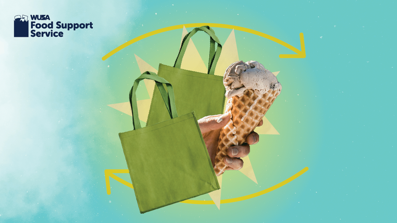 A hand holds an ice cream cone next to two green tote bags, featuring the “WUSA Food Support Service” text—get a scoop of support or give a bag with FSS.