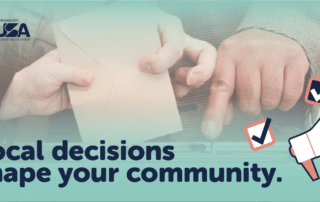 Two people place a ballot in a box, with text: “Local decisions shape your community.” This scene highlights the importance of participating in your Municipal Election and making your voice heard.