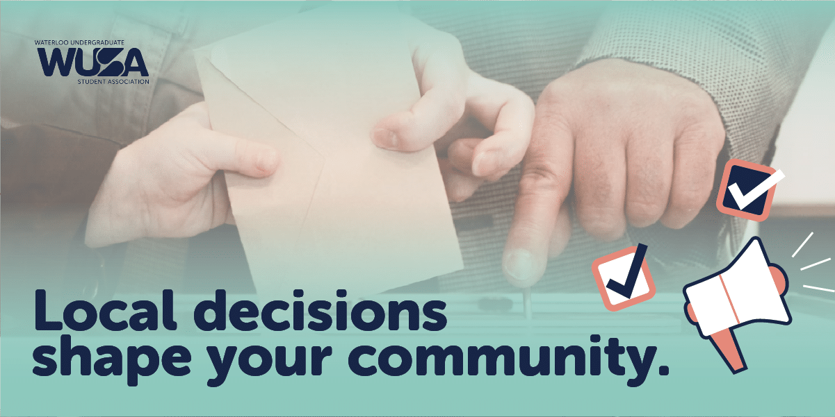 Two people place a ballot in a box, with text: “Local decisions shape your community.” This scene highlights the importance of participating in your Municipal Election and making your voice heard.