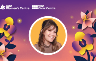 A smiling woman in a circular frame surrounded by flowers, the WUSA Women’s Centre, GLOW, and Sexpecations logos.