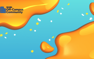 Blue background with orange blobs, scattered stars, confetti, and a “WUSA Off-Campus Community” logo.