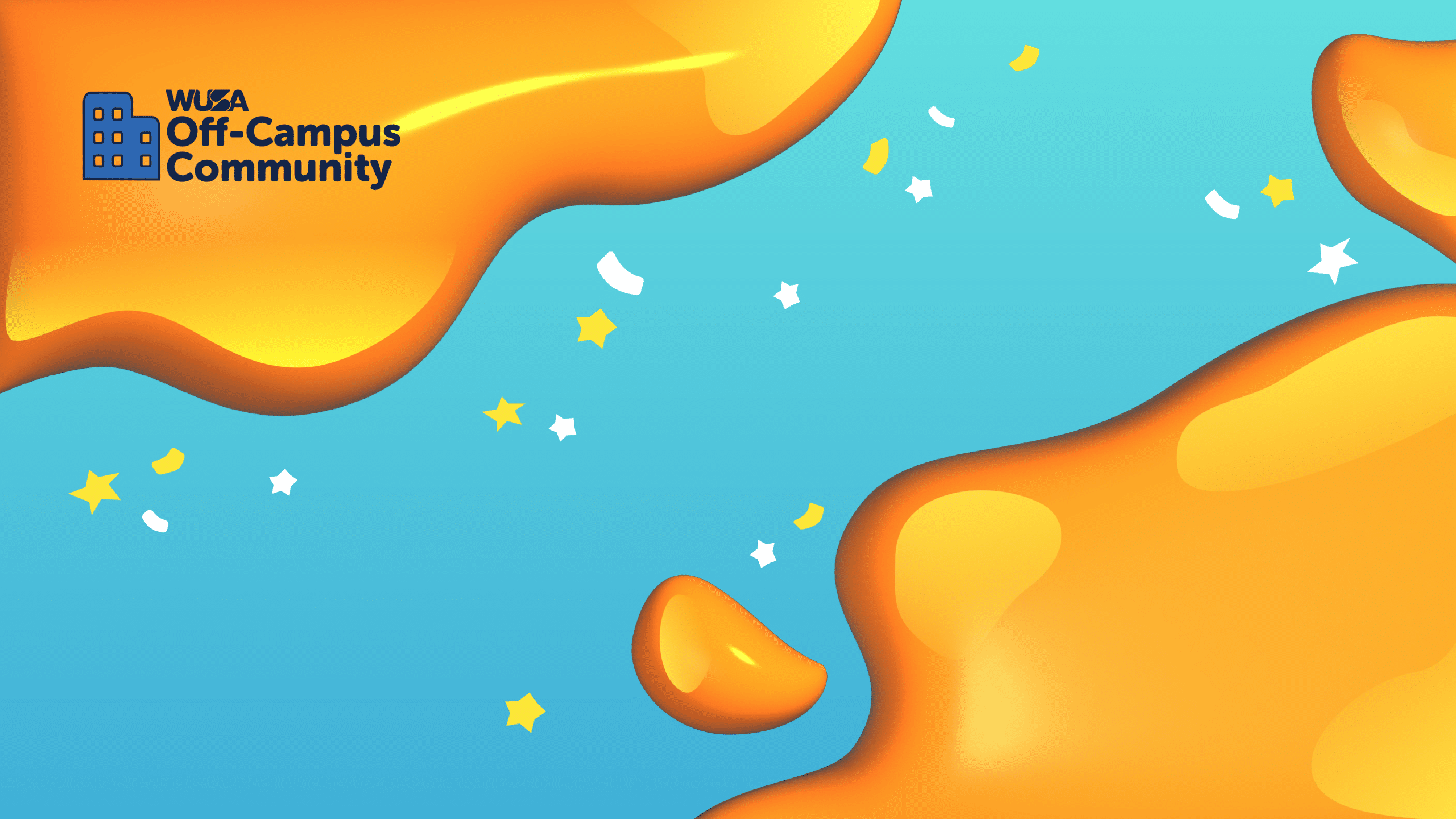 Blue background with orange blobs, scattered stars, confetti, and a “WUSA Off-Campus Community” logo.